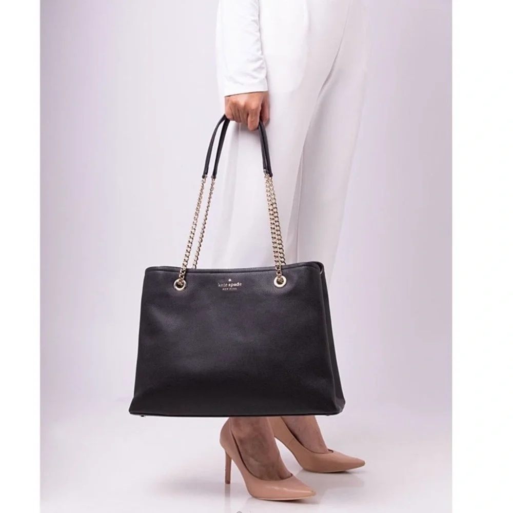 Kate Spade New York Large‎ Black Pebbled Leather Jordyn Gold Chain Handle Tote